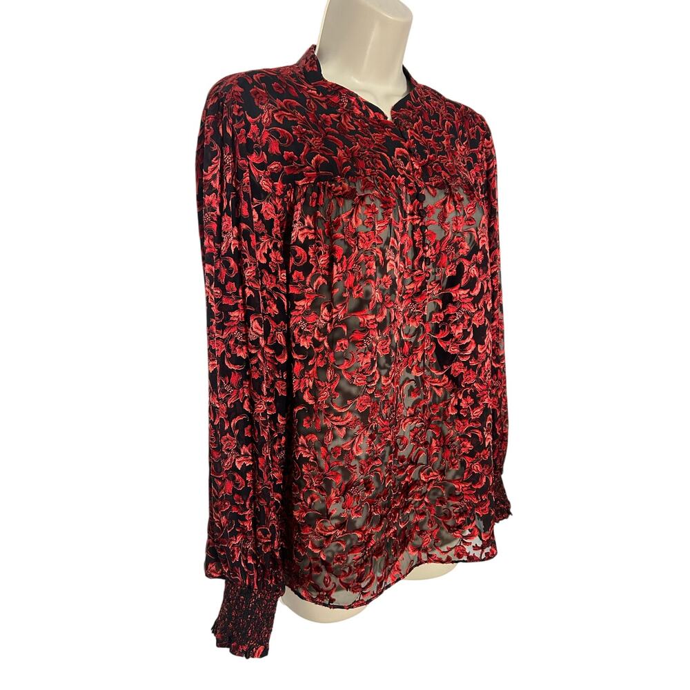 Alice + Olivia Women's XL Red and Black Floral Sheer Button Up Blouse Silk Blend